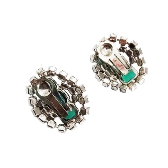 Large 1950s Vintage Emerald Green & Sapphire Blue Rhinestone Earrings Clip Style - Picture 3 of 4